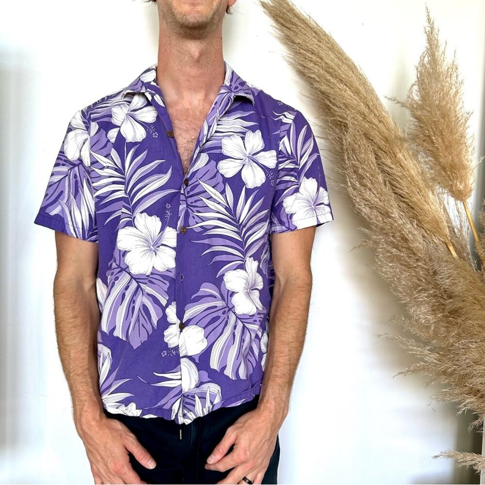 PACIFIC LEGEND Purple White Hawaiian Print Floral Button Down Casual Shirt M